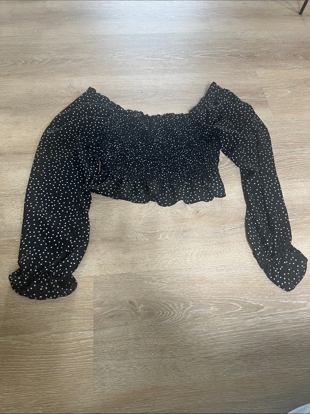 Forever 21 Black White Polka Dot Smocked Off-Shoulder Crop Top